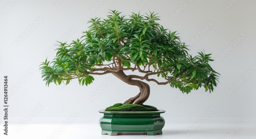 Poster bonsai tree with lush green leaves in decorative green pot on white background creating copy space f