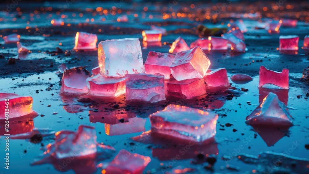 Poster colorful ice cubes scattered on wet surface reflecting light with a blurred background and vibrant c