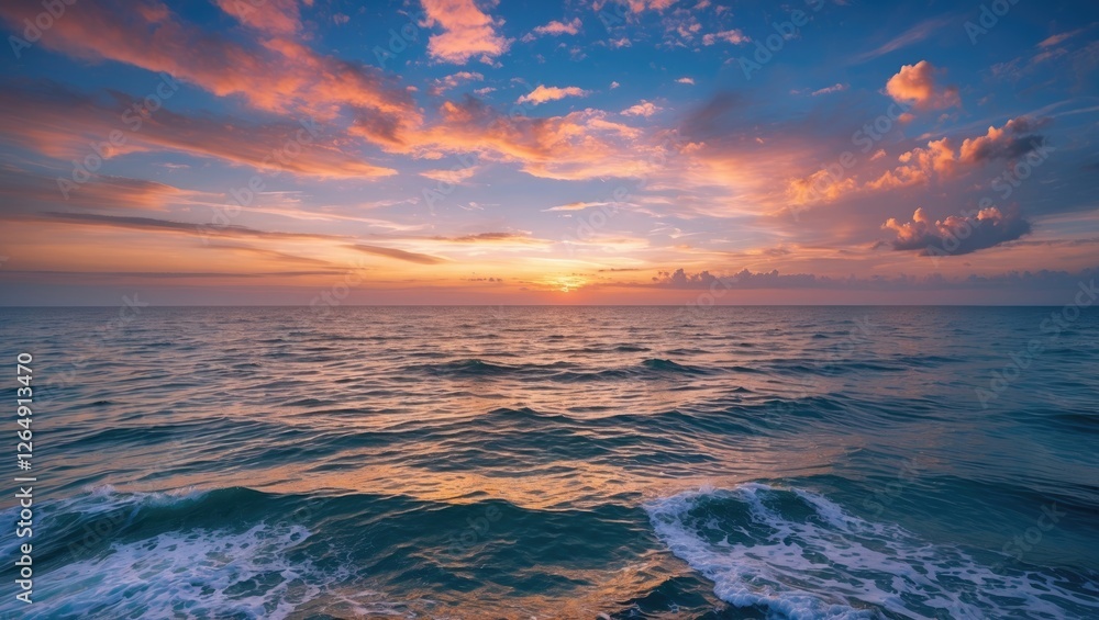 Poster Sunset over calm ocean water with colorful clouds in the sky and gentle waves creating a tranquil seascape Copy Space