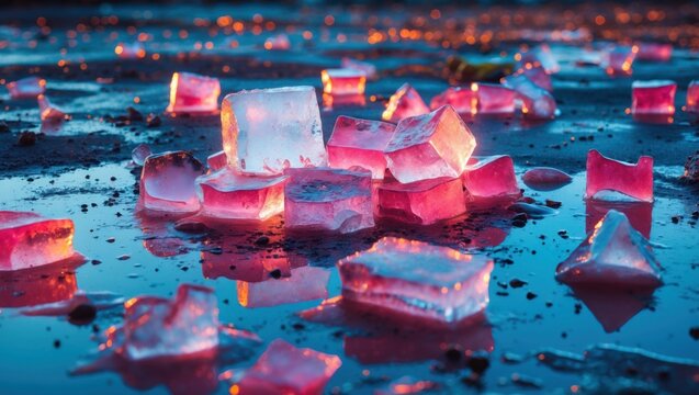 Colorful ice cubes scattered on wet surface reflecting light with a blurred background and vibrant colors Copy Space