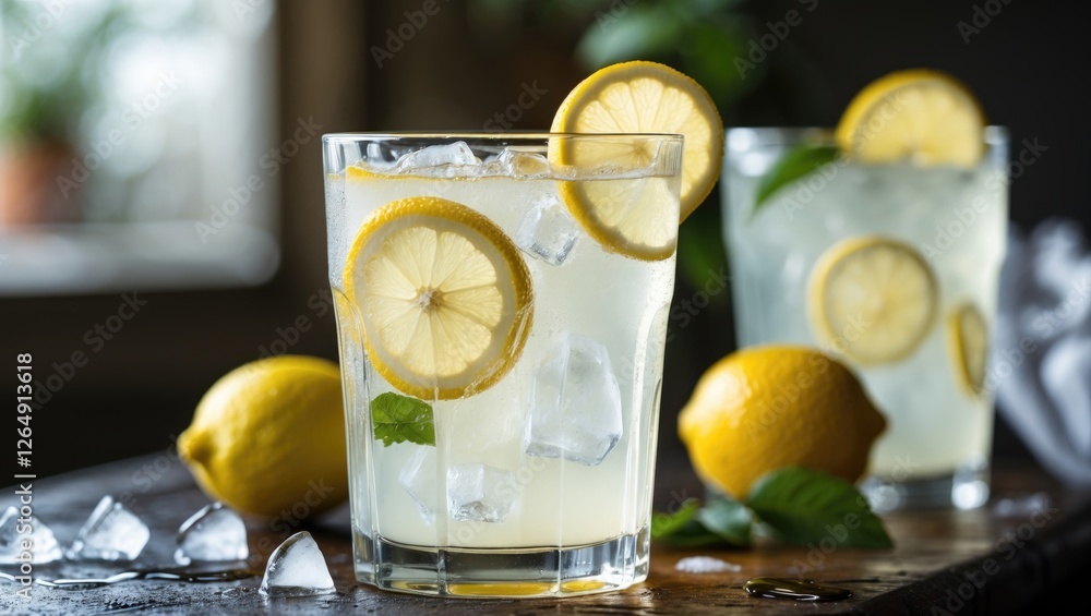 Poster fresh lemonade drinks with lemon slices and mint leaves on a wooden surface with ice cubes and a blu