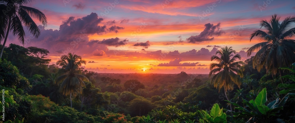 Poster tropical sunset over lush green landscape with palm trees and vibrant clouds in the sky with copy sp
