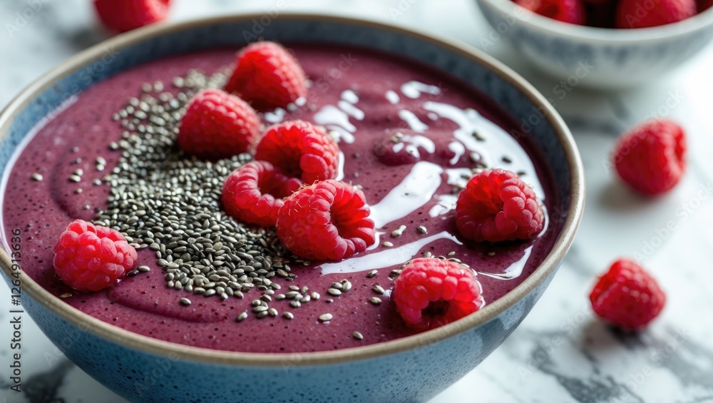 Aufkleber smoothie bowl with raspberries and chia seeds in a ceramic bowl on a marble background with addition