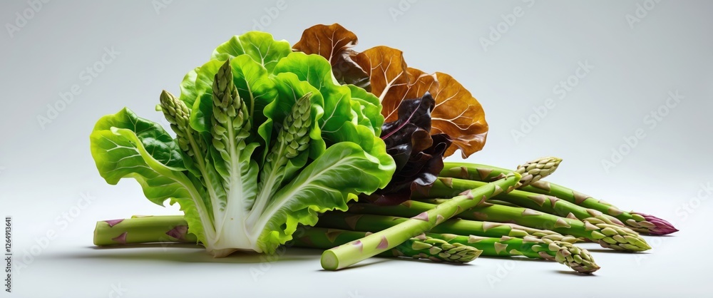 Aufkleber Fresh green and red lettuce varieties with asparagus arranged on a neutral background with ample copy space for text