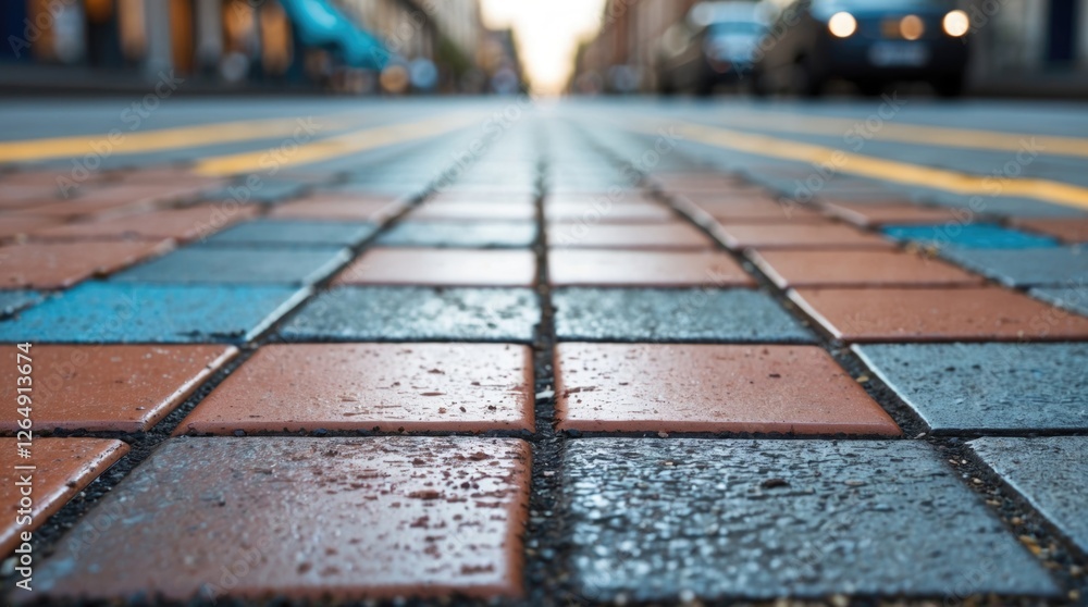 Poster colorful cobblestone pavement with wet surfaces and blurred urban background during early evening li
