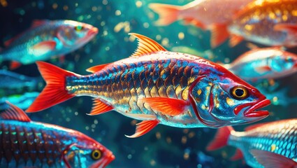 Colorful tropical fish swimming in an aquarium with shimmering light reflections underwater showcasing vibrant scales and details Copy Space