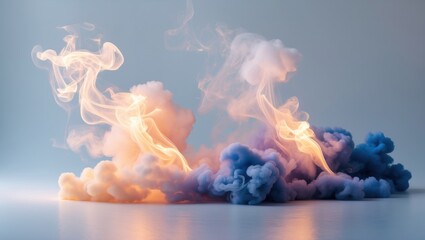 Colorful smoke clouds in shades of blue, orange, and pink swirling against a plain background with space for text Copy Space