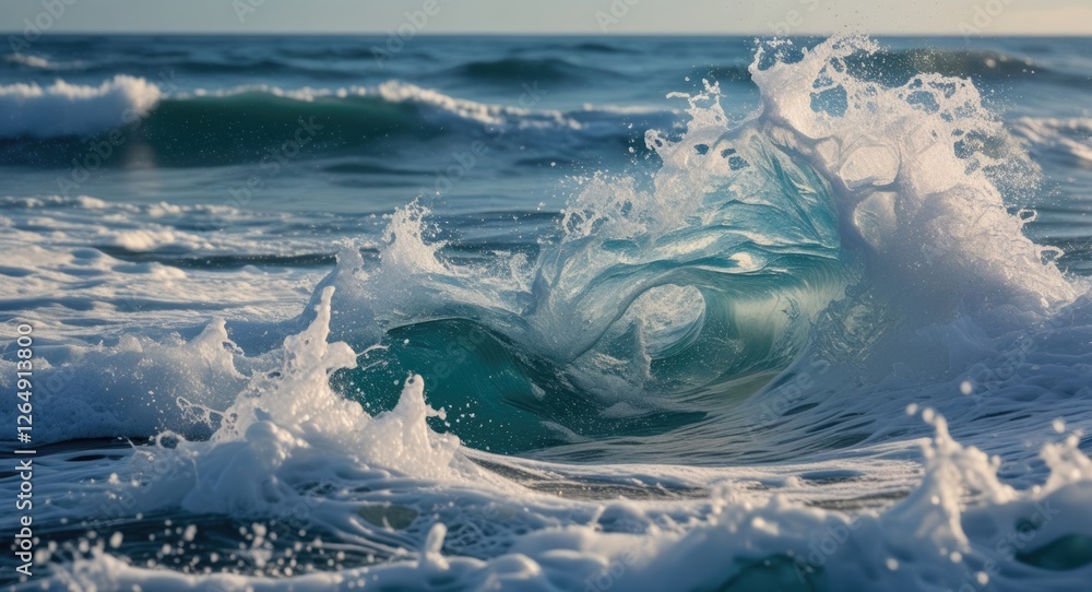 Poster ocean wave splashing on the shore with frothy texture and sunlight reflecting on the water surface c