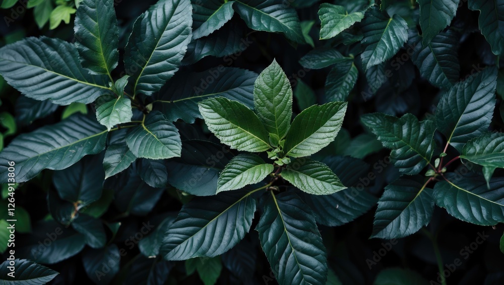 Poster close-up of dark green leaves with various textures and shades arranged in natural pattern with copy