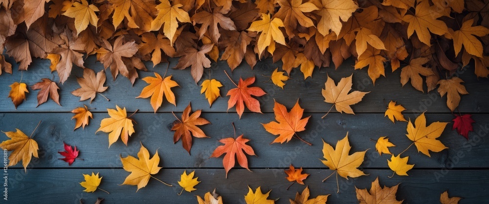 Poster autumn leaves in various colors scattered on a wooden surface with a border of foliage above copy sp