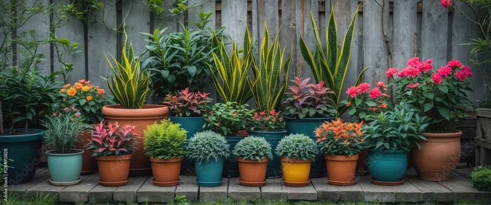 Poster garden display with various potted plants in colorful containers arranged against a wooden fence wit