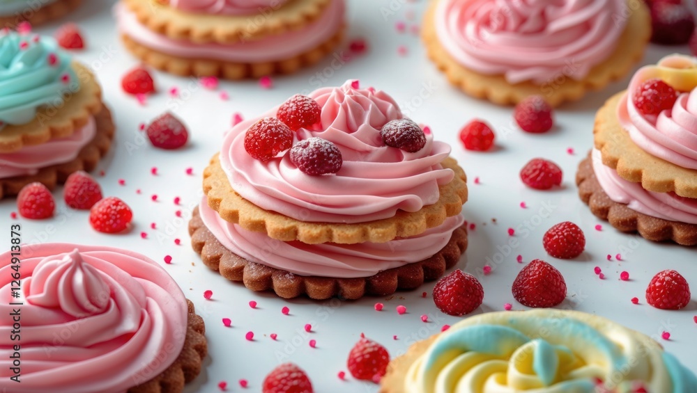 Poster Decorative cookies topped with colorful frosting and raspberries on a white background with scattered sprinkles and copy space.