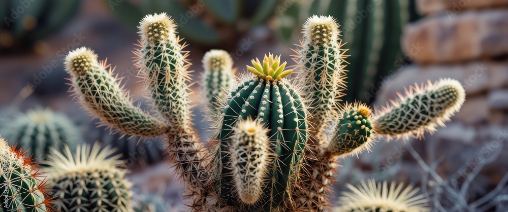 Poster cactus plants with varying shapes and spines in a desert setting showing intricate details and textu