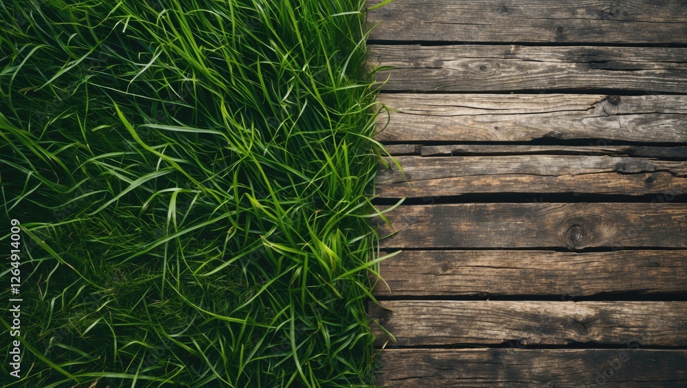 Poster Green grass contrasting with weathered wooden planks top view with ample space for text on the right side Copy Space