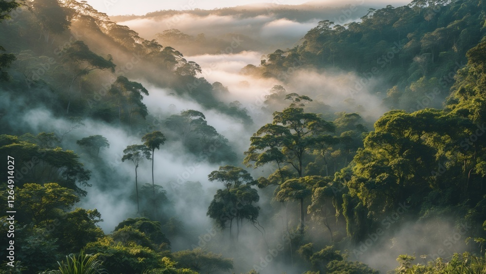Aufkleber misty forest landscape with dense trees and fog in early morning light showcasing depth and tranquil