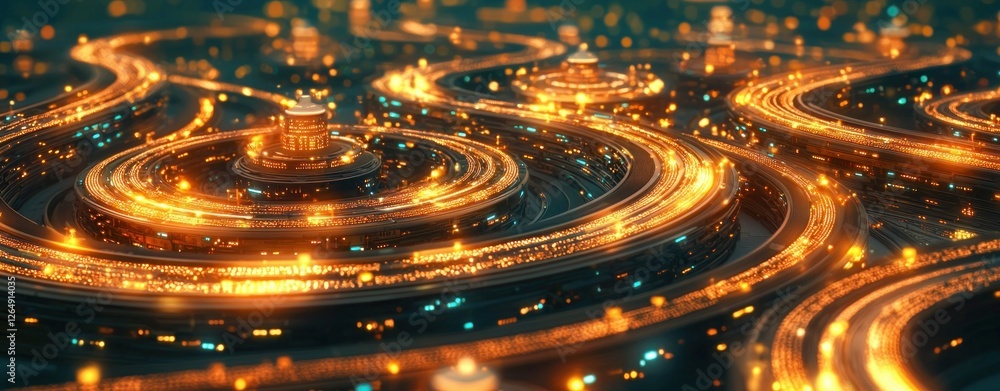 Poster Futuristic Abstract Rendering of Colorful Lights and Flowing Patterns in a Digital Landscape Environment