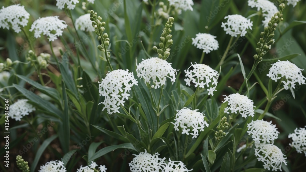 Poster white flowers with intricate shapes surrounded by green foliage in a natural setting with copy space