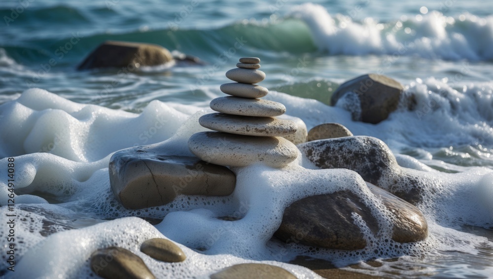 Poster stacked pebbles on a beach surrounded by foamy waves and natural rocks in the background with soft s