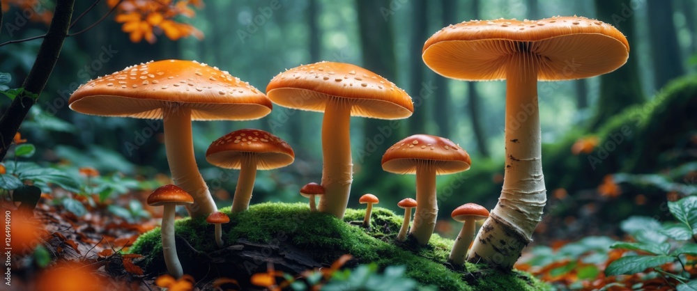 Poster vibrant mushrooms in a lush forest setting with soft light and rich green moss creating a natural ba