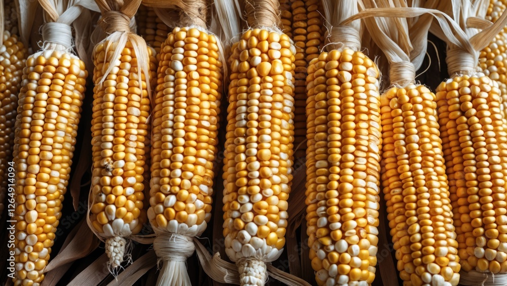 Poster dried yellow corn on cob with white kernels arranged in a row with natural lighting and texture deta