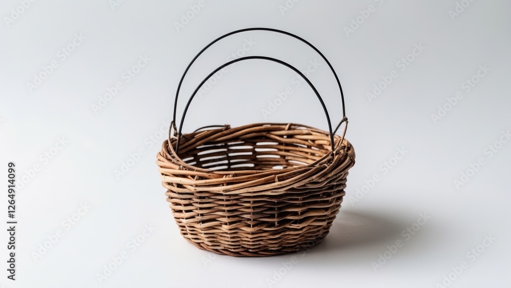 Poster woven wicker basket with metal handles on a plain background showcasing the texture and design with 