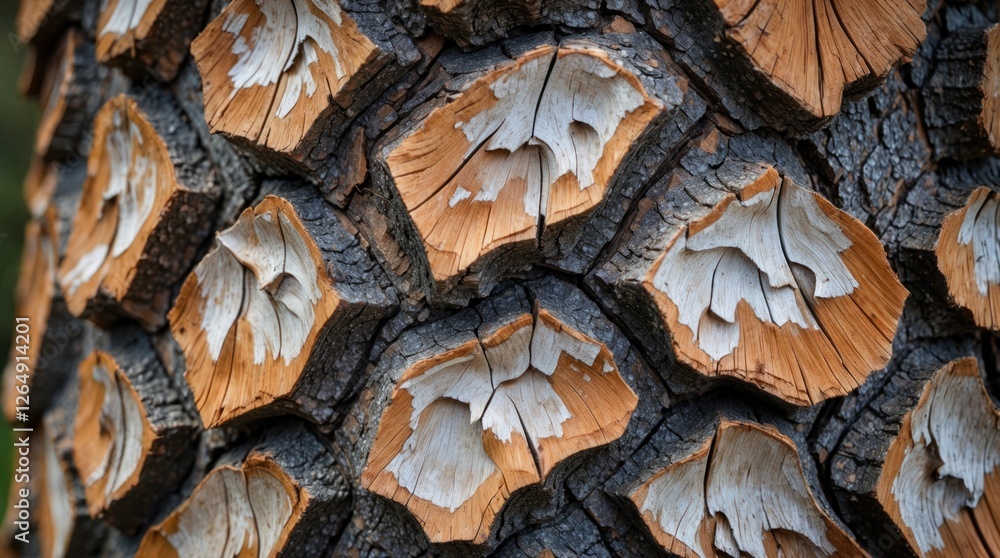 Poster Detailed close-up of textured tree bark showing unique patterns and colors of pine, with natural wood tones and high contrast for background use.