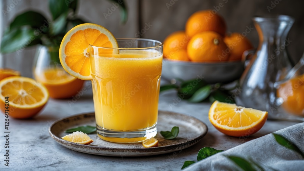 Poster freshly squeezed orange juice in glass with orange slices and whole oranges on a table setting with 