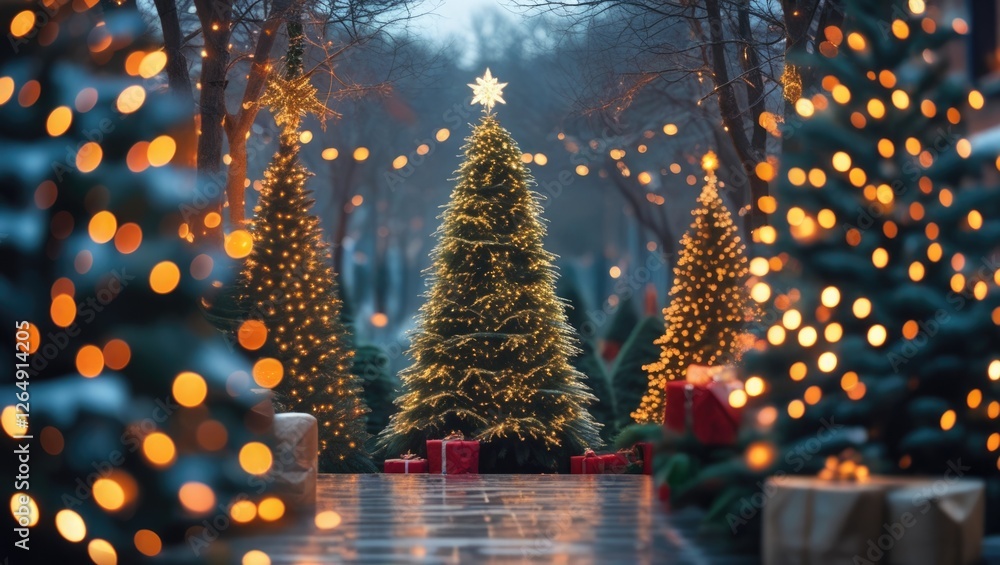 Aufkleber Festively decorated Christmas trees illuminated with lights and ornaments in a winter park setting with soft bokeh effect and copy space