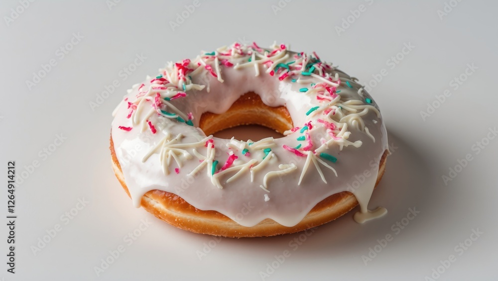 Poster frosted donut with colorful sprinkles on a white background with ample empty space for text or brand
