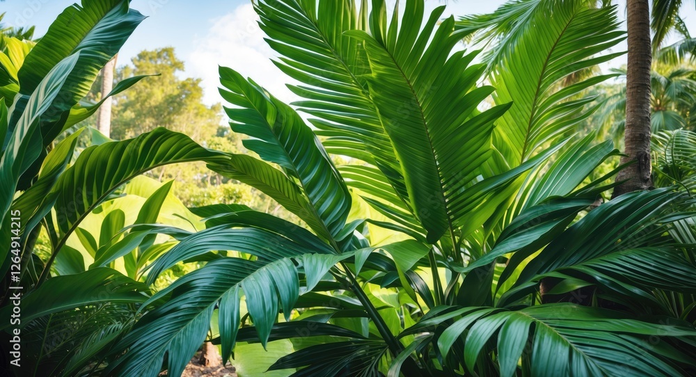 Poster lush tropical foliage with vibrant green palm leaves in a natural setting with blurred background an