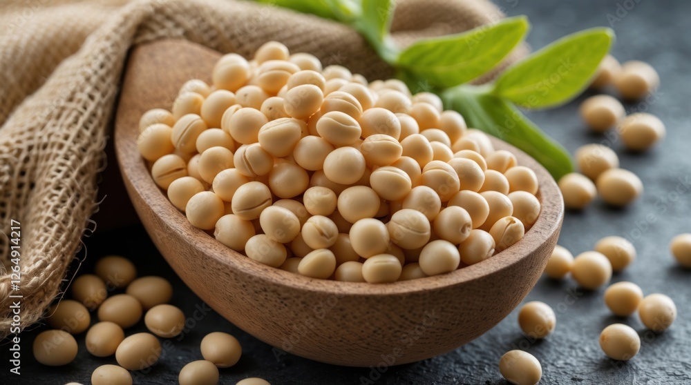 Poster close-up of a wooden bowl filled with raw soybeans surrounded by scattered beans and fresh green lea