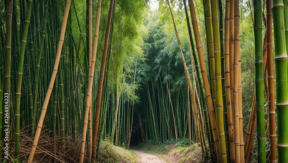 Aufkleber Bamboo forest path with tall green bamboo stalks creating a natural archway and dense foliage on either side Copy Space