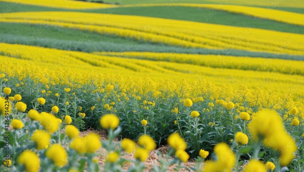 Poster yellow flower fields with blooming rapeseed plants in the foreground and rolling green hills in the 