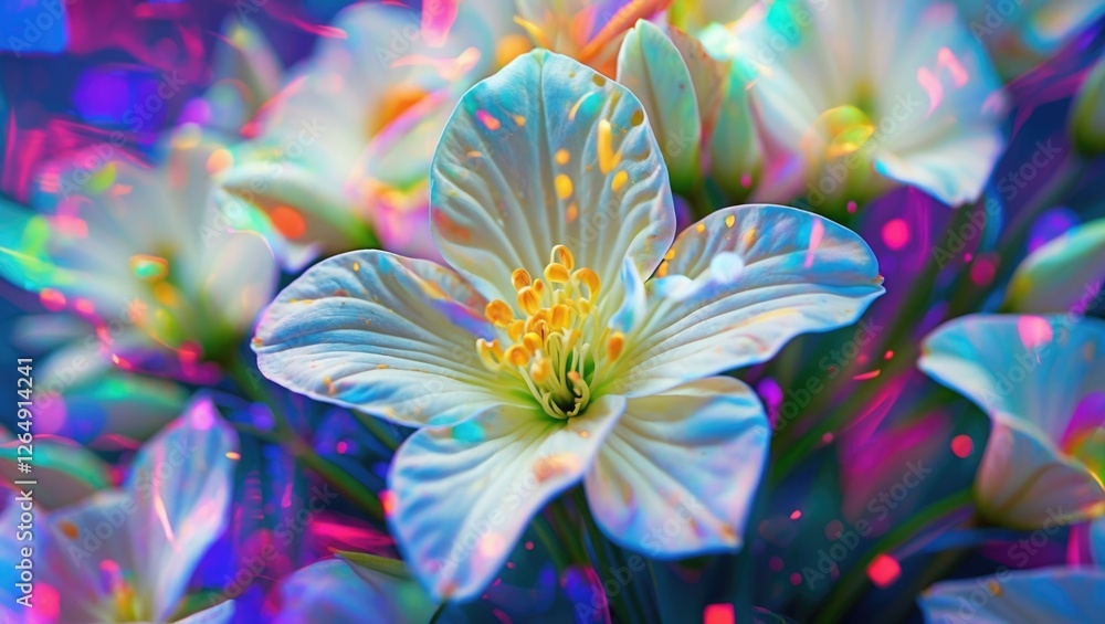Aufkleber Close-up of a white flower with vibrant colors and a blurred background creating an abstract effect with Copy Space