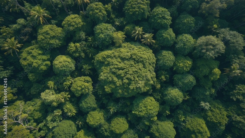 Poster Aerial view of dense green rainforest canopy with various tree shapes and sizes providing natural texture and Copy Space for text insertion