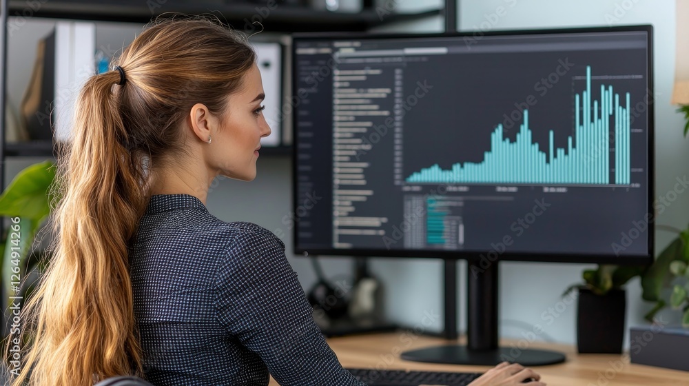 Poster business professional analyzing success data on computer screen