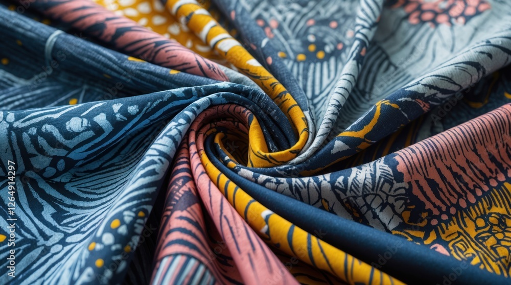 Aufkleber Colorful patterned textile fabric close up for design use with intricate prints and folds Copy Space