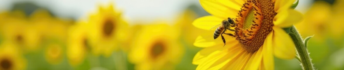 Obraz premium A bee approaches a tall yellow sunflower in a field, sunflowers, pollination