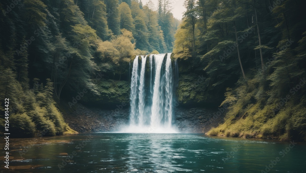 Poster waterfall cascading into serene lake surrounded by lush green forest landscape with soft natural lig