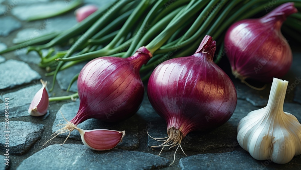Poster Fresh red onions and garlic cloves on a stone surface with green onion tops and copy space for text