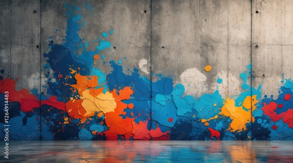 Poster colorful abstract paint splashes on a concrete wall with reflections on the floor ideal for modern b