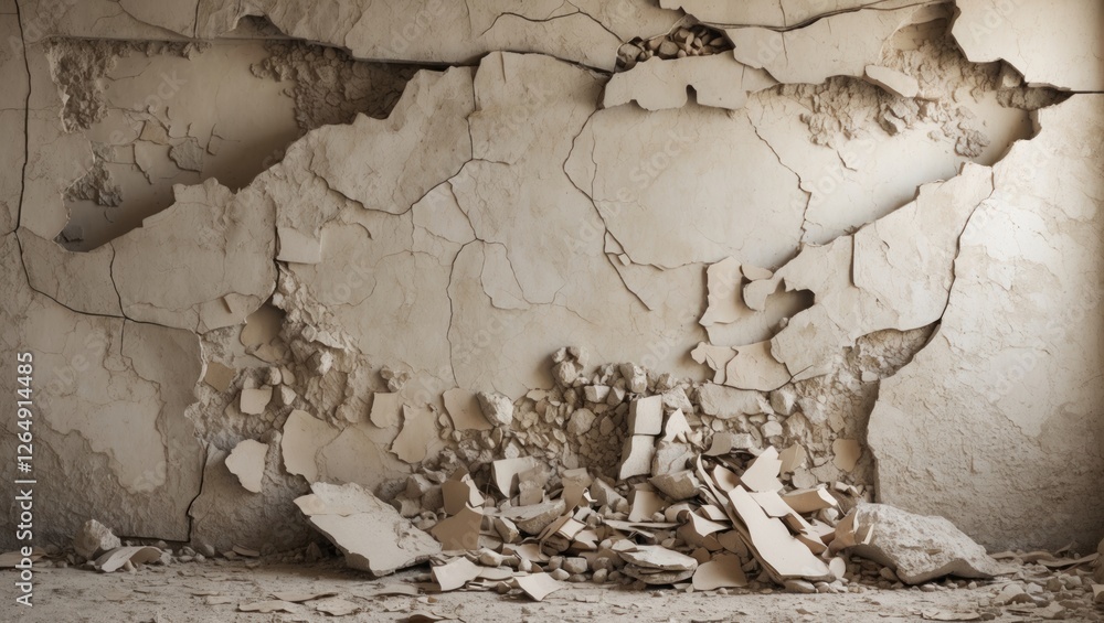 Poster cracked and peeling wall surface with accumulated debris on the floor in an empty room copy space
