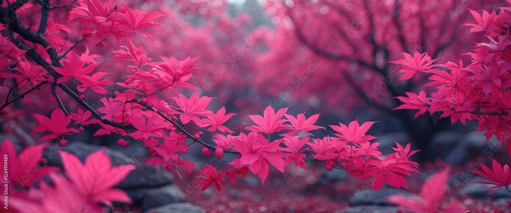 Poster vibrant pink leaves on branches in a tranquil garden setting with lush vegetation and rocks in the b