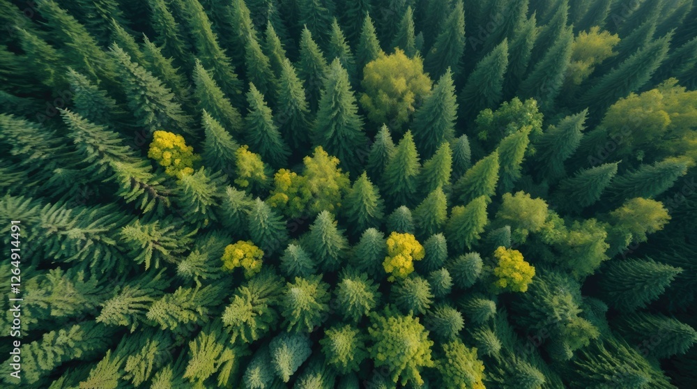 Poster aerial view of dense evergreen forest foliage with patches of yellow trees in summer season copy spa