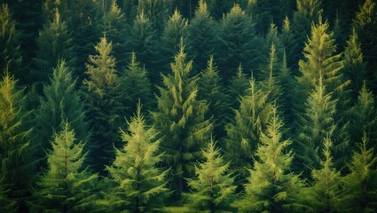 Fototapeta premium Dense evergreen forest with varying shades of green trees and foliage, natural landscape pattern, Copy Space