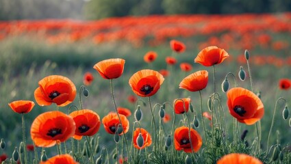 Obraz premium Vibrant red poppy flowers in a lush green field with blurred background and soft natural light Copy Space