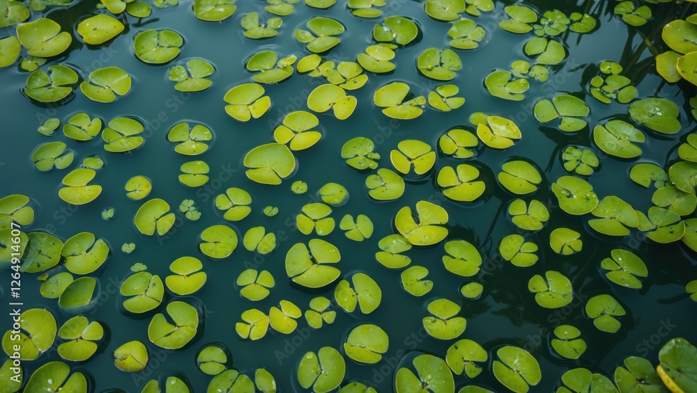 Aufkleber Water lily leaves floating on the surface of a tranquil pond with reflections and Copy Space for text