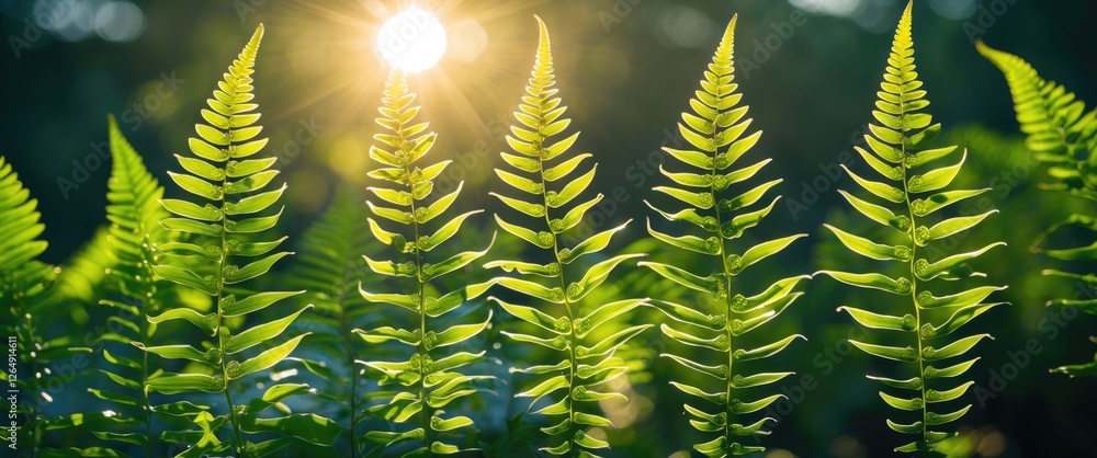 Poster green ferns with sunlight background in forest setting nature close-up with soft focus and copy spac