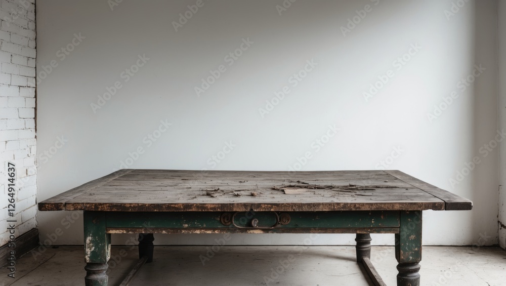 Leinwandbilder rustic wooden table with peeling paint on legs against a plain white wall and minimal background spa