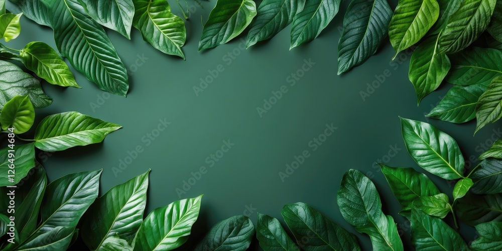 Poster green leaves arranged around a solid colored background with ample copy space for text insertion.
